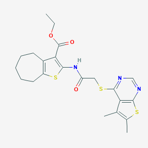 molecular formula C22H25N3O3S3 B383337 ethyl 2-({[(5,6-dimethylthieno[2,3-d]pyrimidin-4-yl)sulfanyl]acetyl}amino)-5,6,7,8-tetrahydro-4H-cyclohepta[b]thiophene-3-carboxylate 