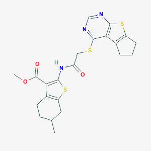 molecular formula C22H23N3O3S3 B383338 methyl 2-{[(6,7-dihydro-5H-cyclopenta[4,5]thieno[2,3-d]pyrimidin-4-ylsulfanyl)acetyl]amino}-6-methyl-4,5,6,7-tetrahydro-1-benzothiophene-3-carboxylate 