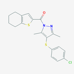 molecular formula C20H19ClN2OS2 B383359 {4-[(4-chlorophenyl)sulfanyl]-3,5-dimethyl-1H-pyrazol-1-yl}(4,5,6,7-tetrahydro-1-benzothiophen-2-yl)methanone 