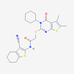 molecular formula C25H28N4O2S3 B383419 N-(3-cyano-4,5,6,7-tetrahydro-1-benzothiophen-2-yl)-2-[(3-cyclohexyl-5,6-dimethyl-4-oxo-3,4-dihydrothieno[2,3-d]pyrimidin-2-yl)sulfanyl]acetamide 