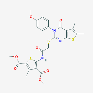 molecular formula C26H25N3O7S3 B383422 Dimethyl 5-[({[3-(4-methoxyphenyl)-5,6-dimethyl-4-oxo-3,4-dihydrothieno[2,3-d]pyrimidin-2-yl]sulfanyl}acetyl)amino]-3-methyl-2,4-thiophenedicarboxylate 