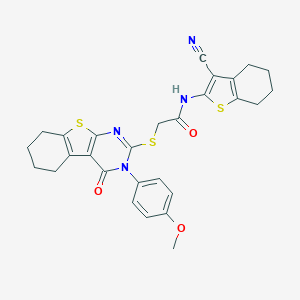 molecular formula C28H26N4O3S3 B383424 N-(3-cyano-4,5,6,7-tetrahydro-1-benzothien-2-yl)-2-{[3-(4-methoxyphenyl)-4-oxo-3,4,5,6,7,8-hexahydro[1]benzothieno[2,3-d]pyrimidin-2-yl]sulfanyl}acetamide 
