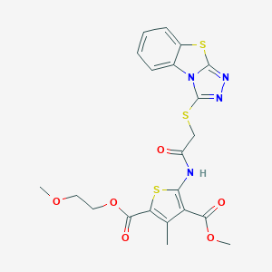molecular formula C21H20N4O6S3 B383468 2-(2-Methoxyethyl) 4-methyl 3-methyl-5-{[([1,2,4]triazolo[3,4-b][1,3]benzothiazol-3-ylsulfanyl)acetyl]amino}thiophene-2,4-dicarboxylate 