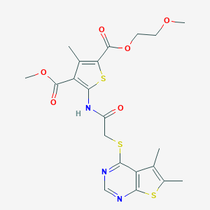 molecular formula C21H23N3O6S3 B383470 2-(2-Methoxyethyl) 4-methyl 5-({[(5,6-dimethylthieno[2,3-d]pyrimidin-4-yl)sulfanyl]acetyl}amino)-3-methyl-2,4-thiophenedicarboxylate 