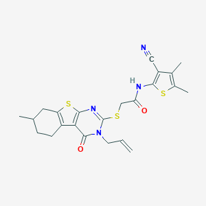 molecular formula C23H24N4O2S3 B383471 2-[(3-allyl-7-methyl-4-oxo-3,4,5,6,7,8-hexahydro[1]benzothieno[2,3-d]pyrimidin-2-yl)sulfanyl]-N-(3-cyano-4,5-dimethyl-2-thienyl)acetamide 