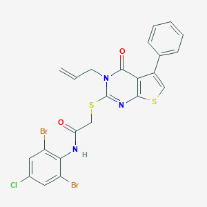 molecular formula C23H16Br2ClN3O2S2 B383482 2-[(3-allyl-4-oxo-5-phenyl-3,4-dihydrothieno[2,3-d]pyrimidin-2-yl)sulfanyl]-N-(2,6-dibromo-4-chlorophenyl)acetamide 