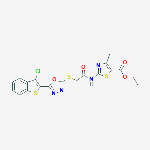 molecular formula C19H15ClN4O4S3 B383488 Ethyl 2-[[2-[[5-(3-chloro-1-benzothiophen-2-yl)-1,3,4-oxadiazol-2-yl]sulfanyl]acetyl]amino]-4-methyl-1,3-thiazole-5-carboxylate CAS No. 488716-52-5