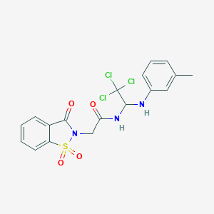 molecular formula C18H16Cl3N3O4S B383515 2-(1,1-dioxido-3-oxo-1,2-benzisothiazol-2(3H)-yl)-N-[2,2,2-trichloro-1-(3-toluidino)ethyl]acetamide 
