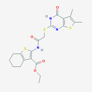 molecular formula C21H23N3O4S3 B383558 ethyl 2-[[2-[(5,6-dimethyl-4-oxo-3H-thieno[2,3-d]pyrimidin-2-yl)sulfanyl]acetyl]amino]-4,5,6,7-tetrahydro-1-benzothiophene-3-carboxylate CAS No. 489464-95-1