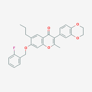 molecular formula C28H25FO5 B383596 3-(2,3-dihydro-1,4-benzodioxin-6-yl)-7-[(2-fluorobenzyl)oxy]-2-methyl-6-propyl-4H-chromen-4-one CAS No. 577769-13-2