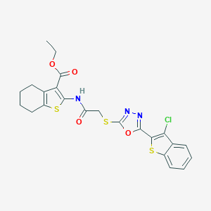 molecular formula C23H20ClN3O4S3 B383683 Ethyl 2-[[2-[[5-(3-chloro-1-benzothiophen-2-yl)-1,3,4-oxadiazol-2-yl]sulfanyl]acetyl]amino]-4,5,6,7-tetrahydro-1-benzothiophene-3-carboxylate CAS No. 496028-89-8