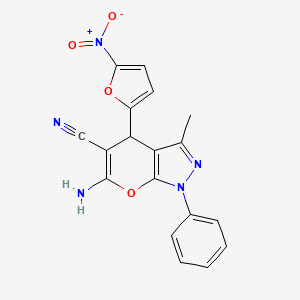 molecular formula C18H13N5O4 B3837578 6-amino-3-methyl-4-(5-nitro-2-furyl)-1-phenyl-1,4-dihydropyrano[2,3-c]pyrazole-5-carbonitrile 