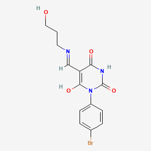 molecular formula C14H14BrN3O4 B3838770 1-(4-bromophenyl)-5-{[(3-hydroxypropyl)amino]methylene}-2,4,6(1H,3H,5H)-pyrimidinetrione 