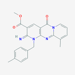 molecular formula C22H20N4O3 B384019 Methyl 6-imino-11-methyl-7-[(4-methylphenyl)methyl]-2-oxo-1,7,9-triazatricyclo[8.4.0.03,8]tetradeca-3(8),4,9,11,13-pentaene-5-carboxylate CAS No. 608104-29-6