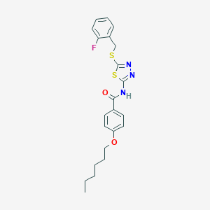 molecular formula C22H24FN3O2S2 B384035 N-{5-[(2-fluorobenzyl)sulfanyl]-1,3,4-thiadiazol-2-yl}-4-(hexyloxy)benzamide 