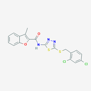 molecular formula C19H13Cl2N3O2S2 B384036 N-{5-[(2,4-dichlorobenzyl)sulfanyl]-1,3,4-thiadiazol-2-yl}-3-methyl-1-benzofuran-2-carboxamide 