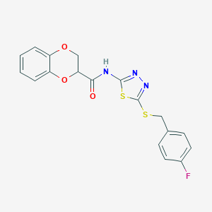 molecular formula C18H14FN3O3S2 B384042 N-{5-[(4-fluorobenzyl)sulfanyl]-1,3,4-thiadiazol-2-yl}-2,3-dihydro-1,4-benzodioxine-2-carboxamide CAS No. 607703-62-8