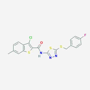 molecular formula C19H13ClFN3OS3 B384044 3-chloro-N-{5-[(4-fluorobenzyl)sulfanyl]-1,3,4-thiadiazol-2-yl}-6-methyl-1-benzothiophene-2-carboxamide 