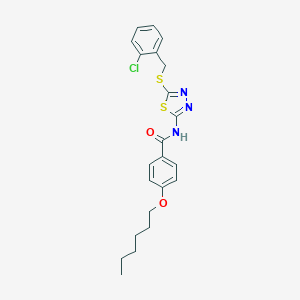 molecular formula C22H24ClN3O2S2 B384049 N-{5-[(2-chlorobenzyl)sulfanyl]-1,3,4-thiadiazol-2-yl}-4-(hexyloxy)benzamide 