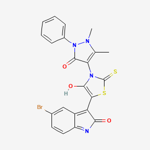 molecular formula C22H15BrN4O3S2 B3841119 5-bromo-3-[3-(1,5-dimethyl-3-oxo-2-phenyl-2,3-dihydro-1H-pyrazol-4-yl)-4-oxo-2-thioxo-1,3-thiazolidin-5-ylidene]-1,3-dihydro-2H-indol-2-one 