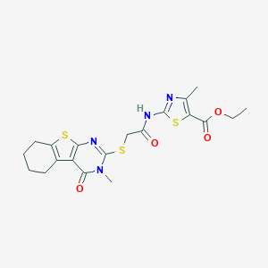 molecular formula C20H22N4O4S3 B384153 Ethyl 4-methyl-2-[[2-[(3-methyl-4-oxo-5,6,7,8-tetrahydro-[1]benzothiolo[2,3-d]pyrimidin-2-yl)sulfanyl]acetyl]amino]-1,3-thiazole-5-carboxylate CAS No. 501112-73-8