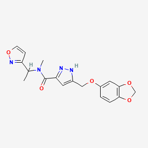 molecular formula C18H18N4O5 B3841687 5-[(1,3-benzodioxol-5-yloxy)methyl]-N-[1-(3-isoxazolyl)ethyl]-N-methyl-1H-pyrazole-3-carboxamide 