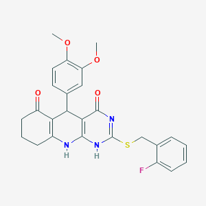 molecular formula C26H24FN3O4S B384208 5-(3,4-dimethoxyphenyl)-2-[(2-fluorophenyl)methylsulfanyl]-1,5,7,8,9,10-hexahydropyrimido[4,5-b]quinoline-4,6-dione 