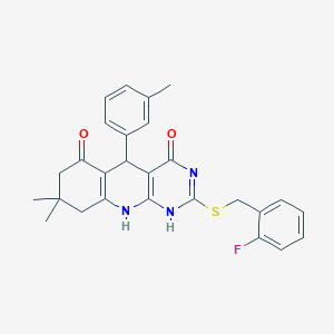 2-[(2-fluorophenyl)methylsulfanyl]-8,8-dimethyl-5-(3-methylphenyl)-5,7,9,10-tetrahydro-1H-pyrimido[4,5-b]quinoline-4,6-dione