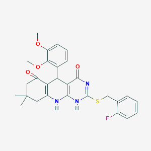 molecular formula C28H28FN3O4S B384215 5-(2,3-dimethoxyphenyl)-2-[(2-fluorophenyl)methylsulfanyl]-8,8-dimethyl-5,7,9,10-tetrahydro-1H-pyrimido[4,5-b]quinoline-4,6-dione 