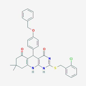 molecular formula C33H30ClN3O3S B384216 2-[(2-chlorophenyl)methylsulfanyl]-8,8-dimethyl-5-(4-phenylmethoxyphenyl)-5,7,9,10-tetrahydro-1H-pyrimido[4,5-b]quinoline-4,6-dione 