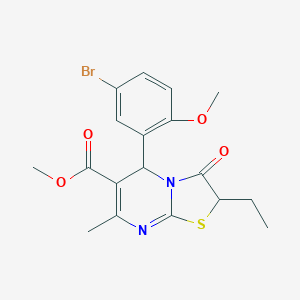 molecular formula C18H19BrN2O4S B384366 methyl 5-(5-bromo-2-methoxyphenyl)-2-ethyl-7-methyl-3-oxo-2,3-dihydro-5H-[1,3]thiazolo[3,2-a]pyrimidine-6-carboxylate CAS No. 618075-71-1