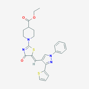 molecular formula C25H24N4O3S2 B384394 ethyl 1-(4-oxo-5-{[1-phenyl-3-(2-thienyl)-1H-pyrazol-4-yl]methylene}-4,5-dihydro-1,3-thiazol-2-yl)-4-piperidinecarboxylate 