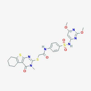 molecular formula C25H26N6O6S3 B384458 N-[4-[(2,6-dimethoxypyrimidin-4-yl)sulfamoyl]phenyl]-2-[(3-methyl-4-oxo-5,6,7,8-tetrahydro-[1]benzothiolo[2,3-d]pyrimidin-2-yl)sulfanyl]acetamide CAS No. 500113-85-9