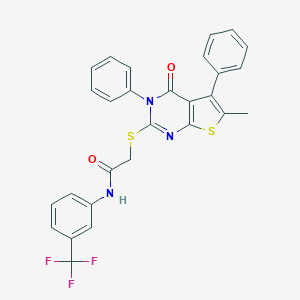 molecular formula C28H20F3N3O2S2 B384511 2-[(6-methyl-4-oxo-3,5-diphenyl-3,4-dihydrothieno[2,3-d]pyrimidin-2-yl)sulfanyl]-N-[3-(trifluoromethyl)phenyl]acetamide 