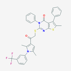 molecular formula C34H26F3N3O2S2 B384516 2-[(2-{2,5-dimethyl-1-[3-(trifluoromethyl)phenyl]-1H-pyrrol-3-yl}-2-oxoethyl)sulfanyl]-6-methyl-3,5-diphenylthieno[2,3-d]pyrimidin-4(3H)-one 