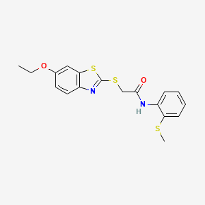 molecular formula C18H18N2O2S3 B3845643 2-[(6-ethoxy-1,3-benzothiazol-2-yl)thio]-N-[2-(methylthio)phenyl]acetamide 