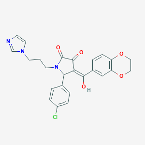 molecular formula C25H22ClN3O5 B384583 (4E)-5-(4-chlorophenyl)-4-[2,3-dihydro-1,4-benzodioxin-6-yl(hydroxy)methylidene]-1-(3-imidazol-1-ylpropyl)pyrrolidine-2,3-dione CAS No. 618410-56-3