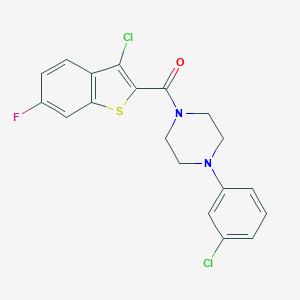 molecular formula C19H15Cl2FN2OS B384597 1-[(3-Chloro-6-fluoro-1-benzothien-2-yl)carbonyl]-4-(3-chlorophenyl)piperazine 