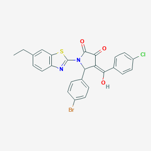 molecular formula C26H18BrClN2O3S B384612 (4E)-5-(4-bromophenyl)-4-[(4-chlorophenyl)(hydroxy)methylidene]-1-(6-ethyl-1,3-benzothiazol-2-yl)pyrrolidine-2,3-dione 