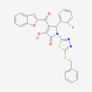 molecular formula C28H18FN3O4S2 B384630 4-(1-benzofuran-2-ylcarbonyl)-1-[5-(benzylsulfanyl)-1,3,4-thiadiazol-2-yl]-5-(2-fluorophenyl)-3-hydroxy-1,5-dihydro-2H-pyrrol-2-one 