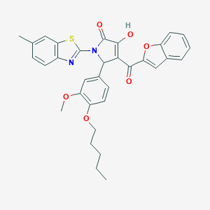 molecular formula C33H30N2O6S B384709 4-(1-benzofuran-2-ylcarbonyl)-3-hydroxy-5-[3-methoxy-4-(pentyloxy)phenyl]-1-(6-methyl-1,3-benzothiazol-2-yl)-1,5-dihydro-2H-pyrrol-2-one 
