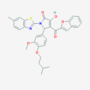 molecular formula C33H30N2O6S B384716 4-(1-benzofuran-2-ylcarbonyl)-3-hydroxy-5-[4-(isopentyloxy)-3-methoxyphenyl]-1-(6-methyl-1,3-benzothiazol-2-yl)-1,5-dihydro-2H-pyrrol-2-one 