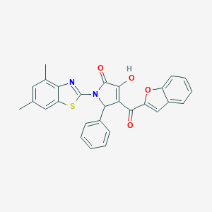 molecular formula C28H20N2O4S B384719 4-(1-benzofuran-2-ylcarbonyl)-1-(4,6-dimethyl-1,3-benzothiazol-2-yl)-3-hydroxy-5-phenyl-1,5-dihydro-2H-pyrrol-2-one 