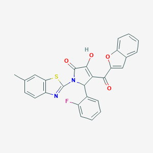 molecular formula C27H17FN2O4S B384730 4-(1-benzofuran-2-ylcarbonyl)-5-(2-fluorophenyl)-3-hydroxy-1-(6-methyl-1,3-benzothiazol-2-yl)-1,5-dihydro-2H-pyrrol-2-one 