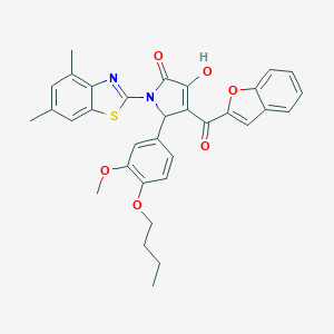 molecular formula C33H30N2O6S B384736 4-(1-benzofuran-2-ylcarbonyl)-5-(4-butoxy-3-methoxyphenyl)-1-(4,6-dimethyl-1,3-benzothiazol-2-yl)-3-hydroxy-1,5-dihydro-2H-pyrrol-2-one 