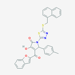 molecular formula C33H23N3O4S2 B384754 4-(1-benzofuran-2-ylcarbonyl)-3-hydroxy-5-(4-methylphenyl)-1-{5-[(naphthalen-1-ylmethyl)sulfanyl]-1,3,4-thiadiazol-2-yl}-1,5-dihydro-2H-pyrrol-2-one 