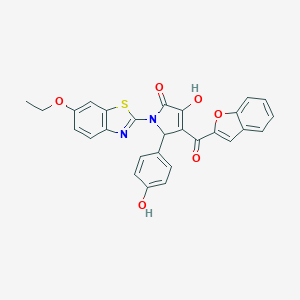 molecular formula C28H20N2O6S B384764 4-(1-benzofuran-2-ylcarbonyl)-1-(6-ethoxy-1,3-benzothiazol-2-yl)-3-hydroxy-5-(4-hydroxyphenyl)-1,5-dihydro-2H-pyrrol-2-one 