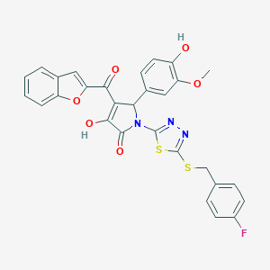 molecular formula C29H20FN3O6S2 B384773 4-(1-benzofuran-2-ylcarbonyl)-1-{5-[(4-fluorobenzyl)sulfanyl]-1,3,4-thiadiazol-2-yl}-3-hydroxy-5-(4-hydroxy-3-methoxyphenyl)-1,5-dihydro-2H-pyrrol-2-one 