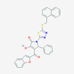 molecular formula C32H21N3O4S2 B384774 4-(1-benzofuran-2-ylcarbonyl)-3-hydroxy-1-{5-[(1-naphthylmethyl)sulfanyl]-1,3,4-thiadiazol-2-yl}-5-phenyl-1,5-dihydro-2H-pyrrol-2-one 