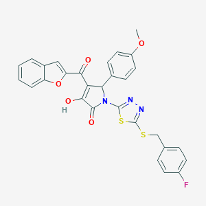 molecular formula C29H20FN3O5S2 B384776 4-(1-benzofuran-2-ylcarbonyl)-1-{5-[(4-fluorobenzyl)sulfanyl]-1,3,4-thiadiazol-2-yl}-3-hydroxy-5-(4-methoxyphenyl)-1,5-dihydro-2H-pyrrol-2-one 